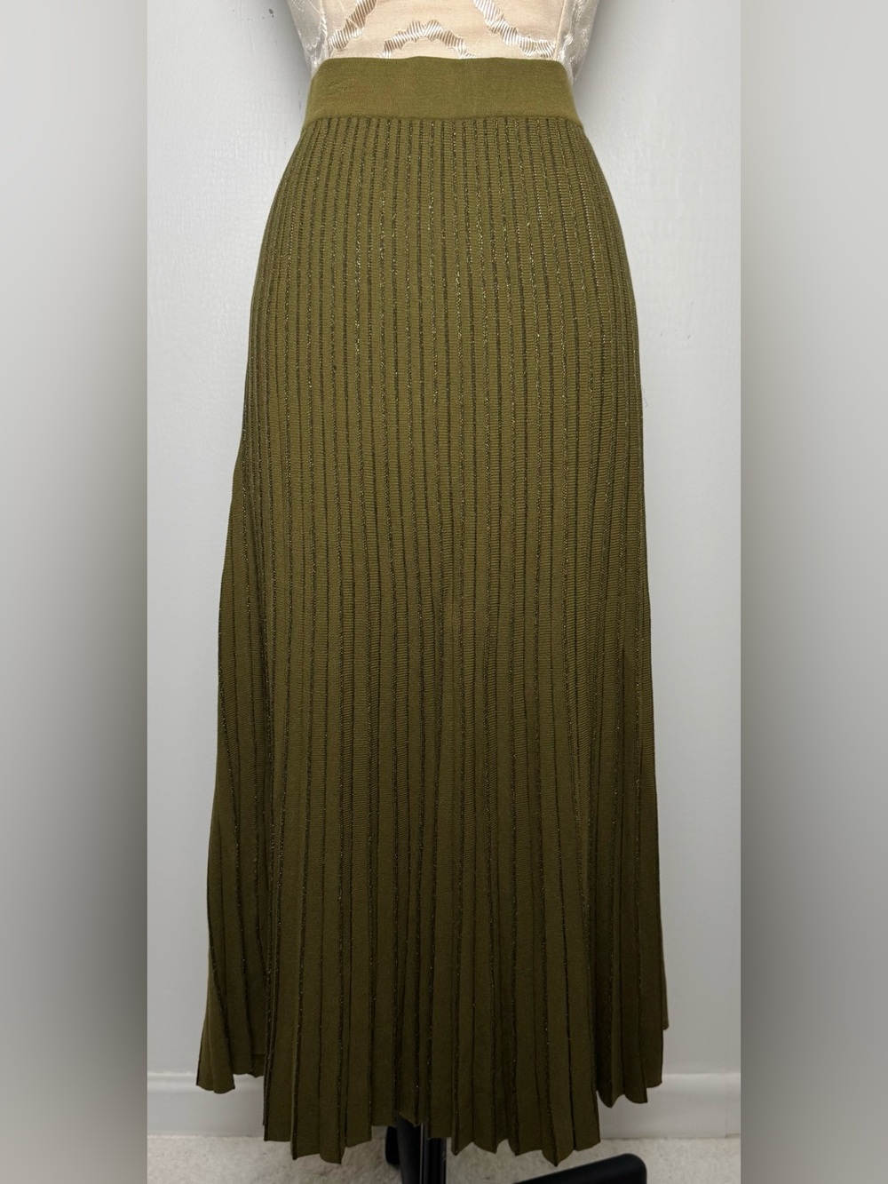 Ann Taylor M Shimmer Pleated Sweater Midi Skirt Olive Green Metallic